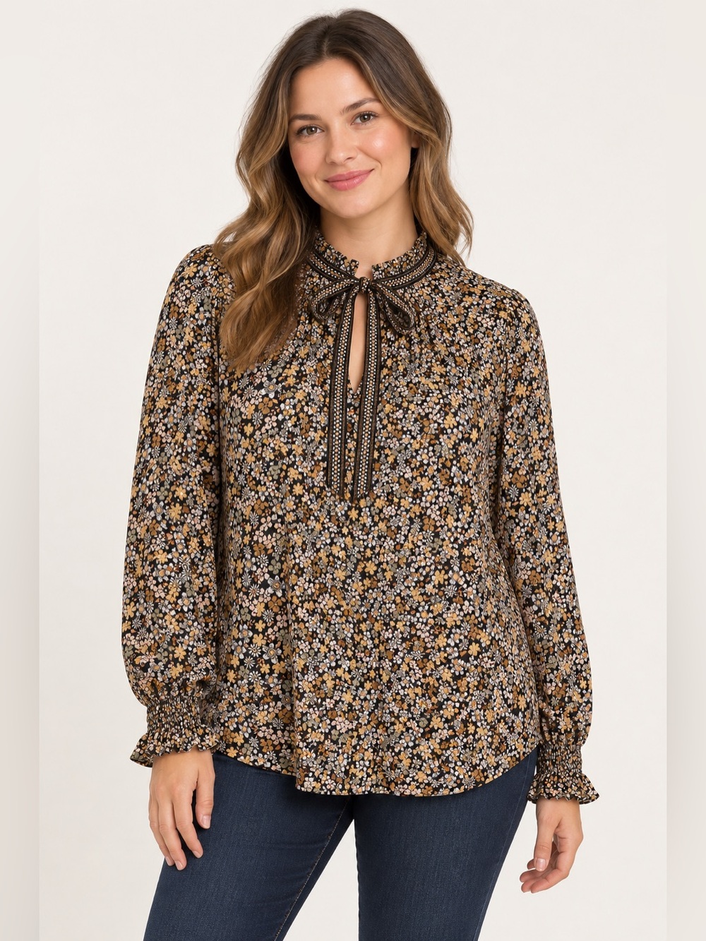 Max Studio Black Floral Tie-Neck Long Sleeve Blouse